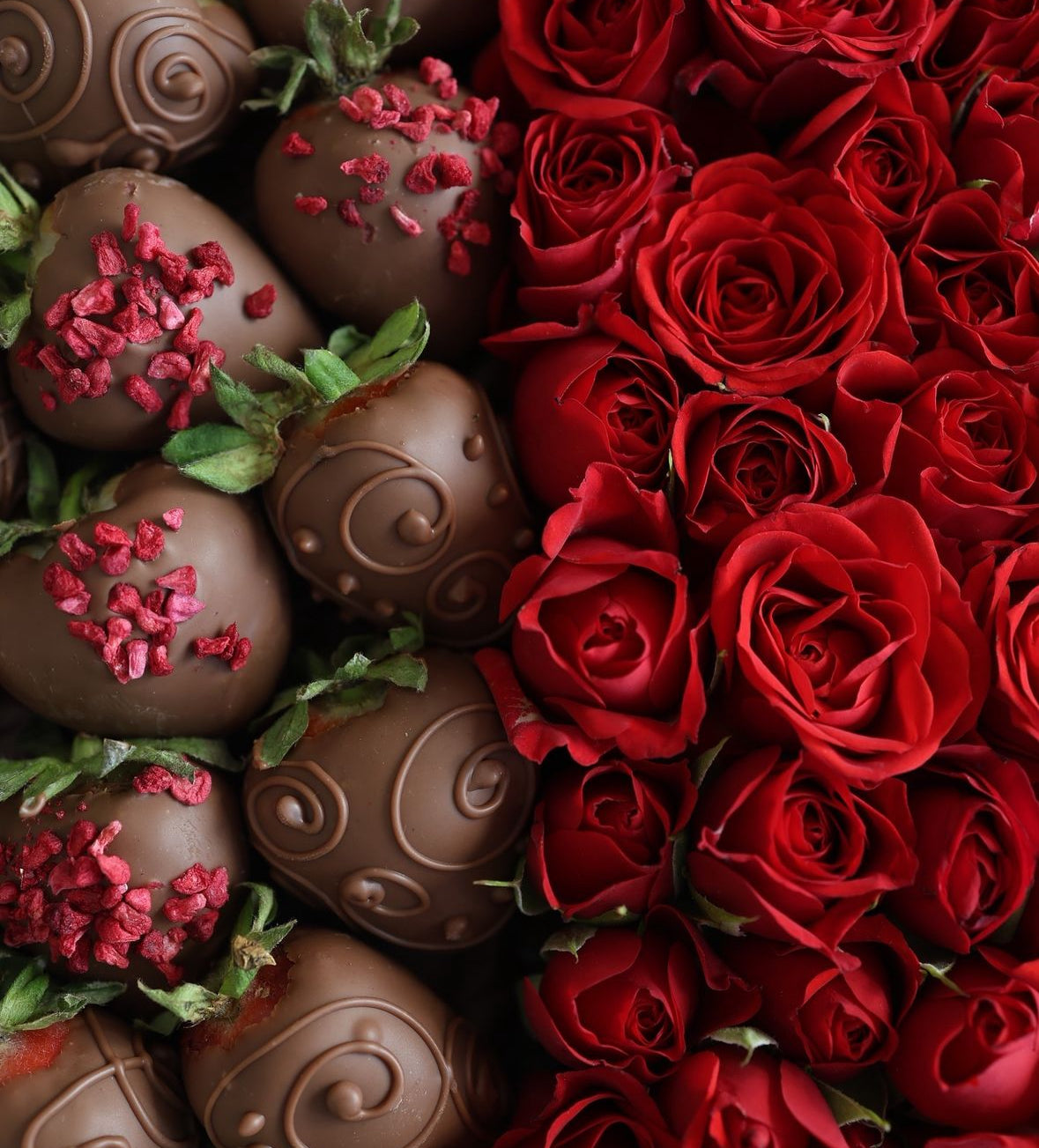 Caja de Rosas Frescas con Fresas bañadas en chocolate