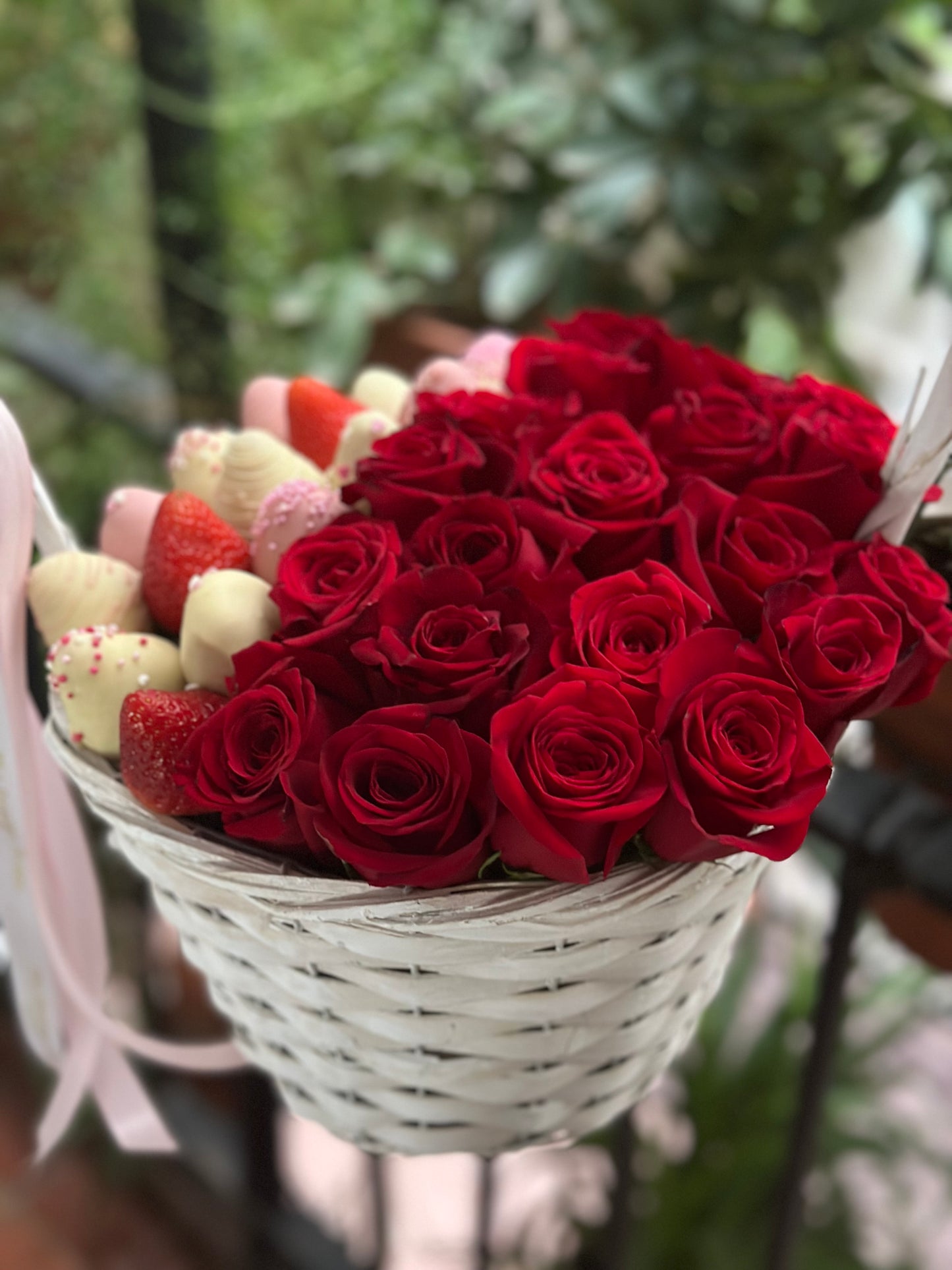 Caja de Rosas Frescas con Fresas bañadas en chocolate