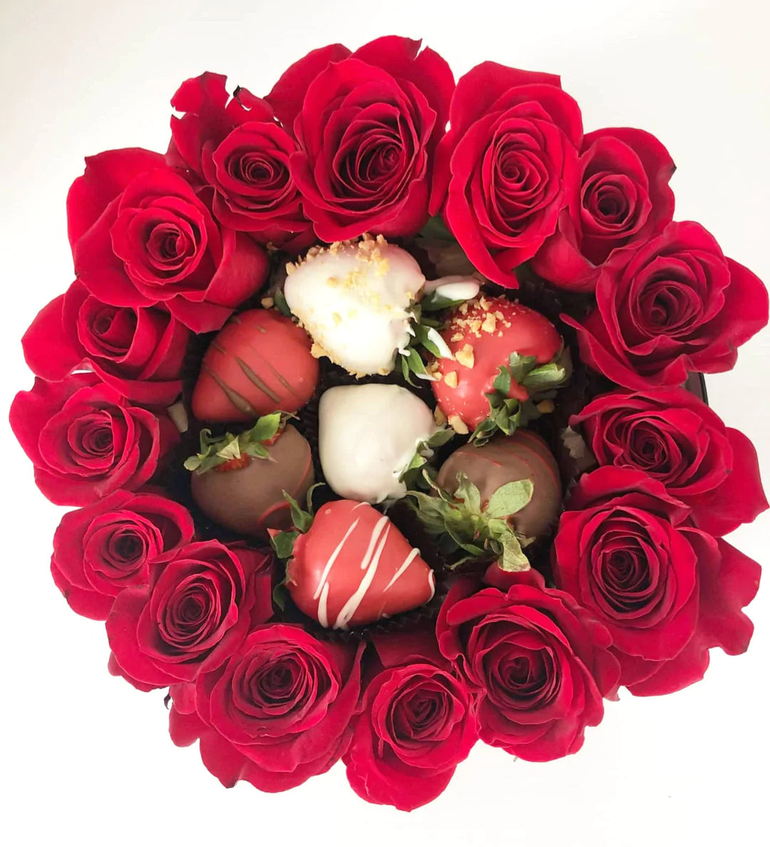 Caja de Rosas Frescas con Fresas cubiertas con chocolate