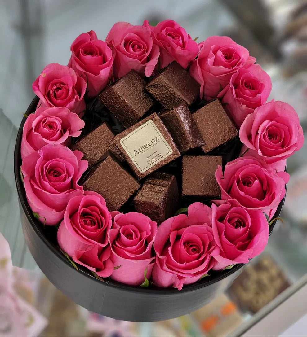 Caja de Rosas Frescas con chocolate